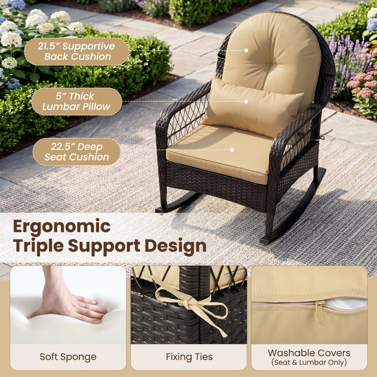 Outdoor Wicker Rocking Chair with Cushions – 400 lb Weight Capacity