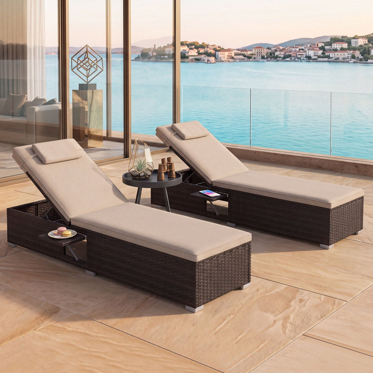 Set of 2 PE Rattan Chaise Lounge Chairs with 6-Position Backrests & Foldable Side Tables