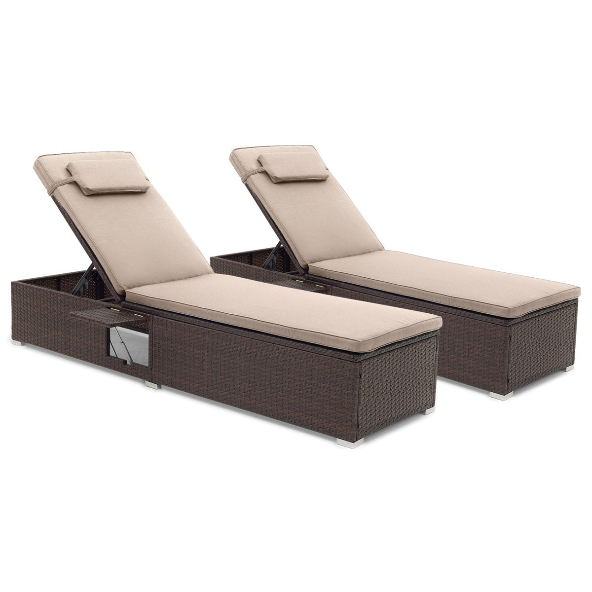 Set of 2 PE Rattan Chaise Lounge Chairs with 6-Position Backrests & Foldable Side Tables