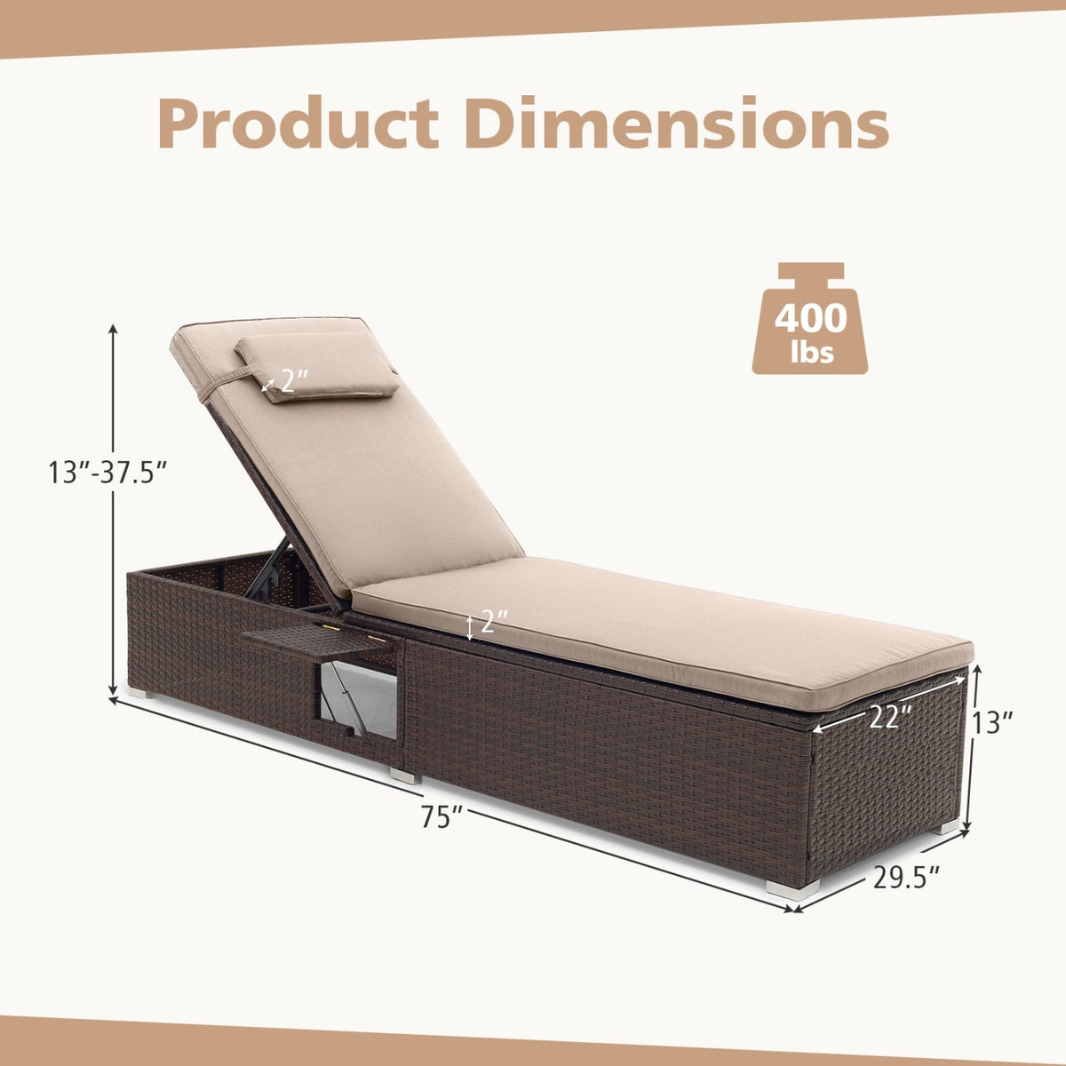 Set of 2 PE Rattan Chaise Lounge Chairs with 6-Position Backrests & Foldable Side Tables