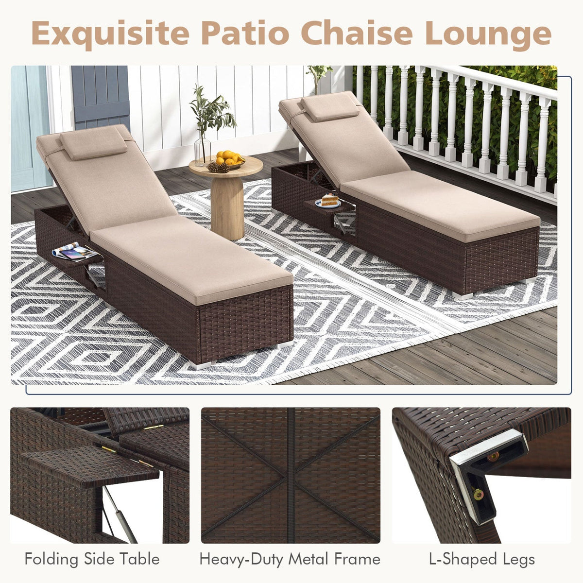 Set of 2 PE Rattan Chaise Lounge Chairs with 6-Position Backrests & Foldable Side Tables