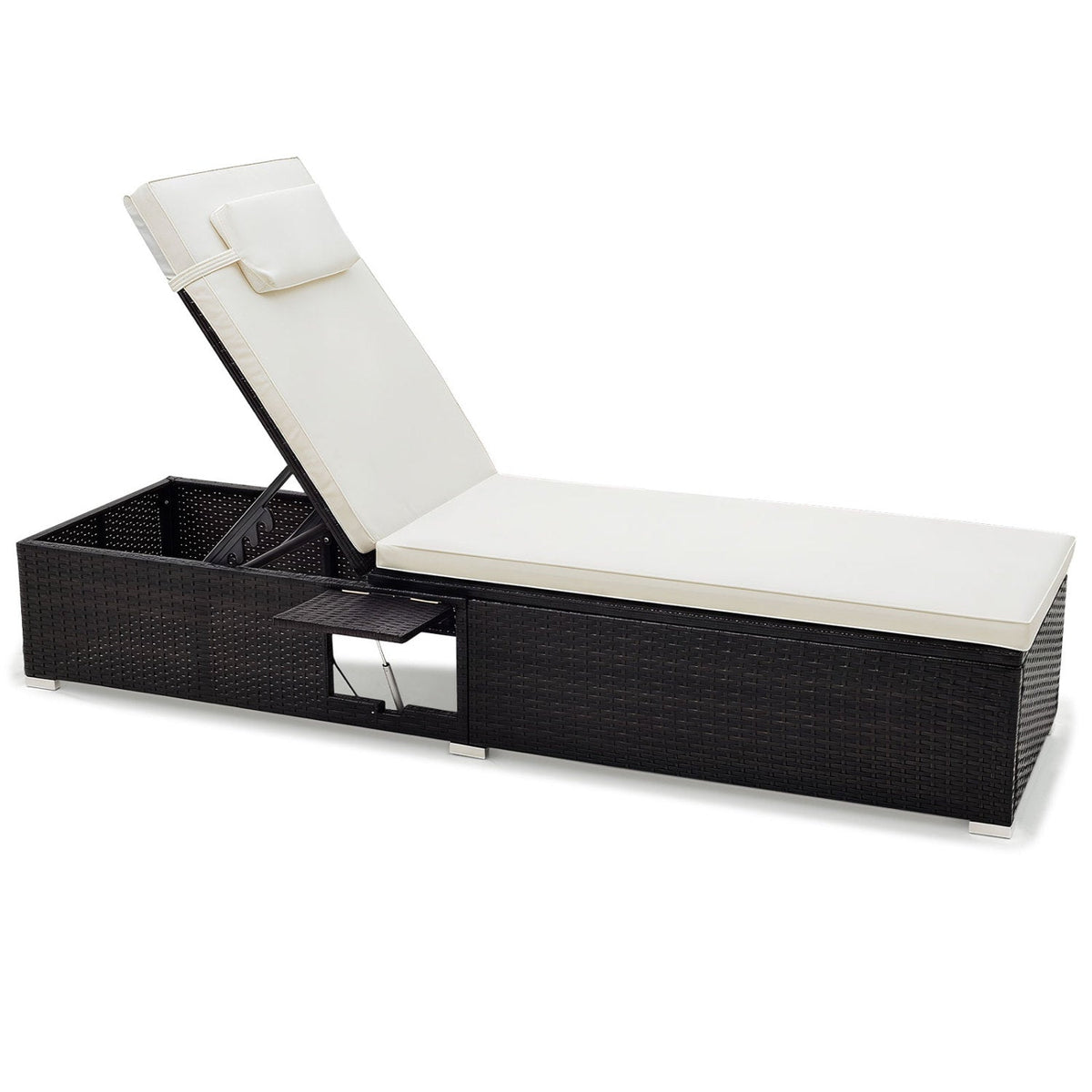 PE Rattan Outdoor Chaise Lounge with Adjustable Backrest & Foldable Side Table