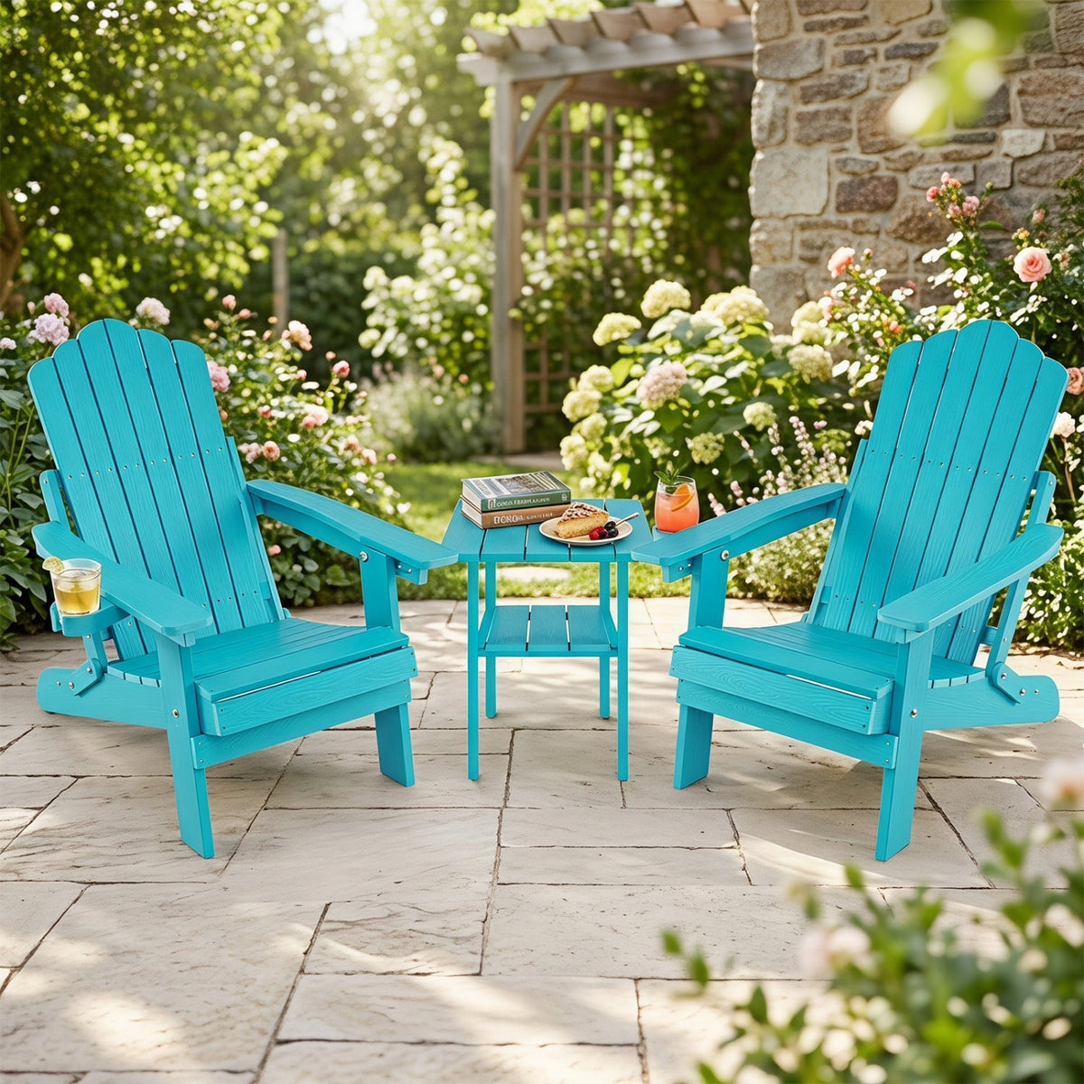 Set of 2 Folding Adirondack Chairs with Adjustable Backrests