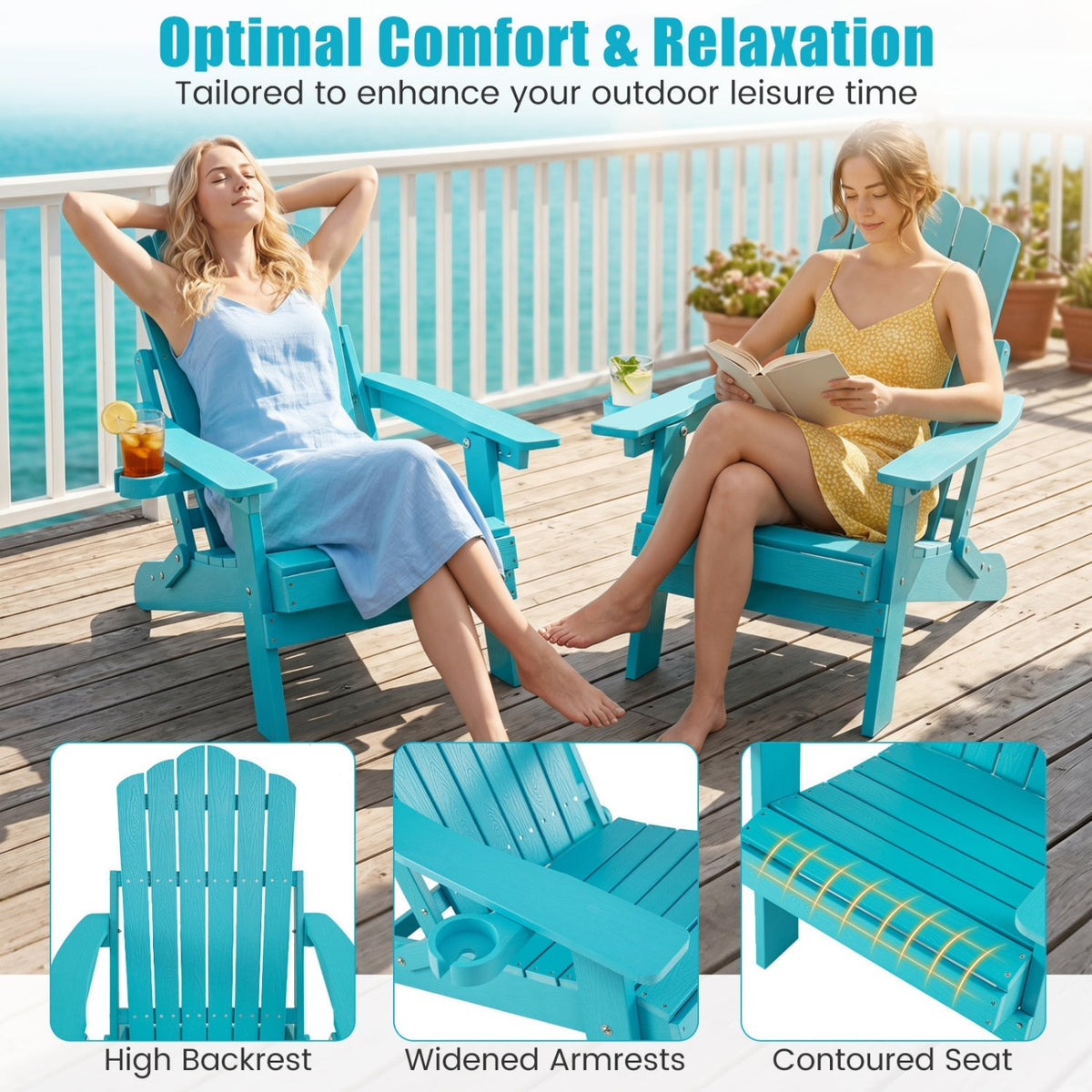 Set of 2 Folding Adirondack Chairs with Adjustable Backrests