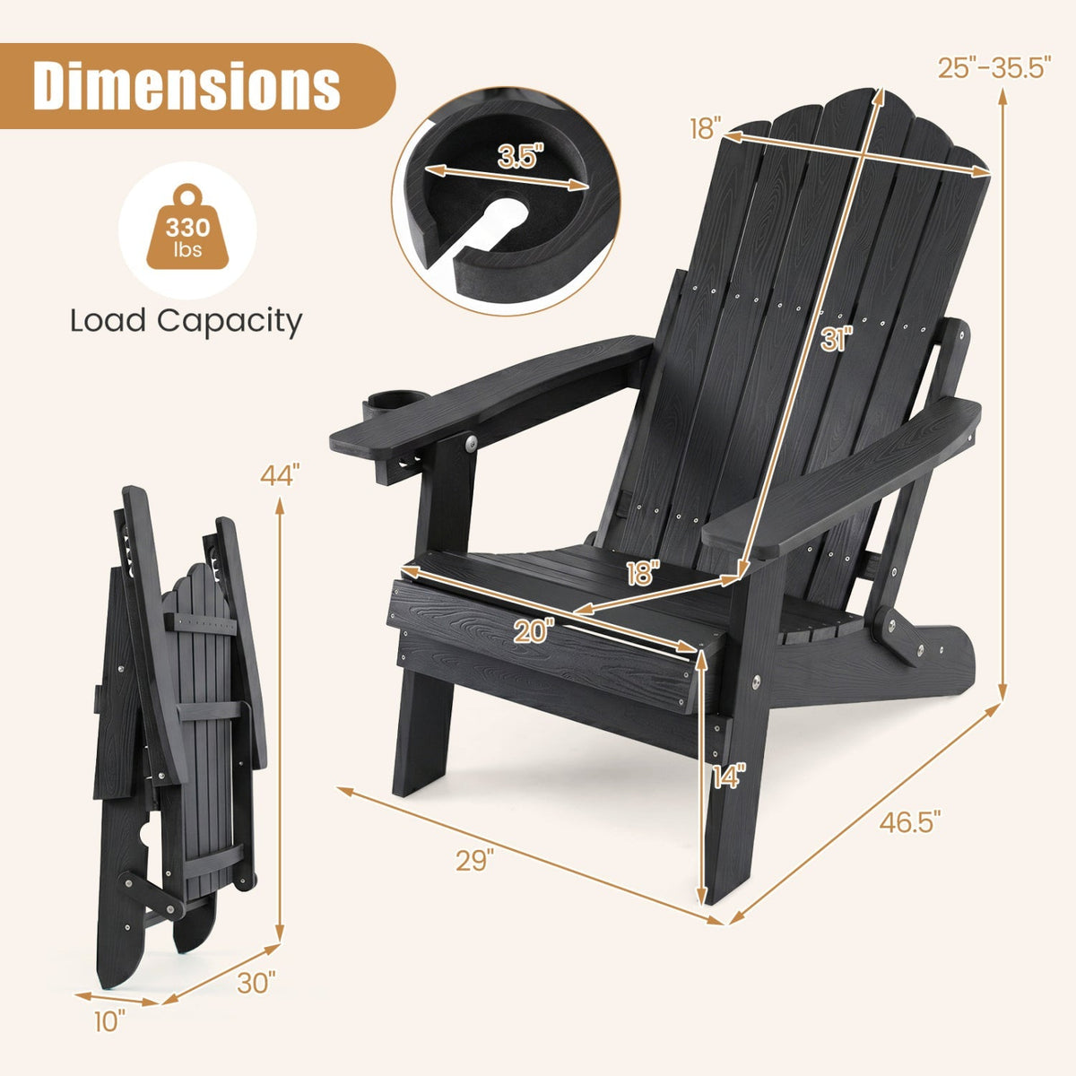 Set of 2 Folding Adirondack Chairs with Adjustable Backrests