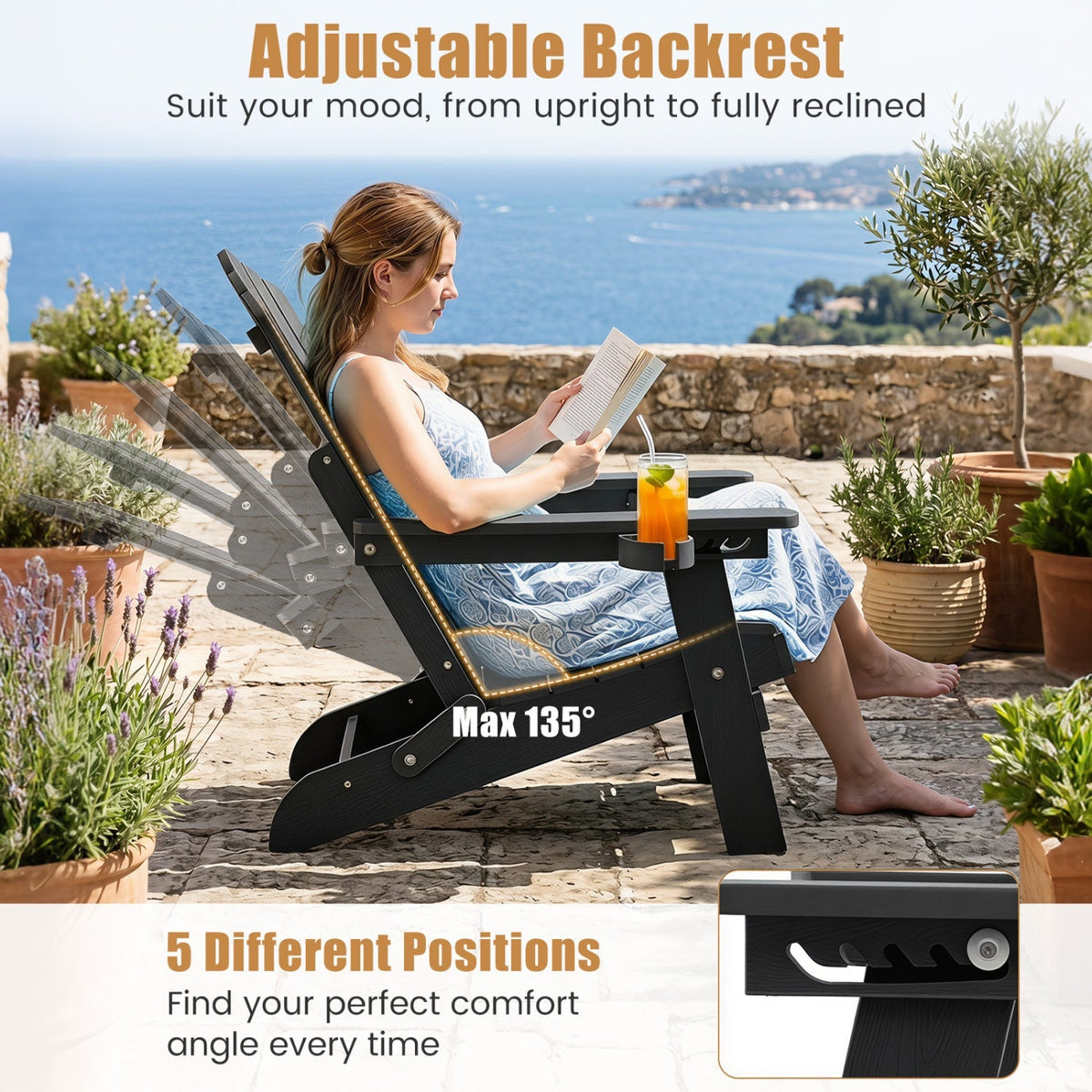 Set of 2 Folding Adirondack Chairs with Adjustable Backrests