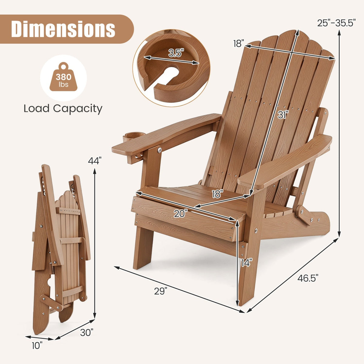 Set of 2 Folding Adirondack Chairs with Adjustable Backrests