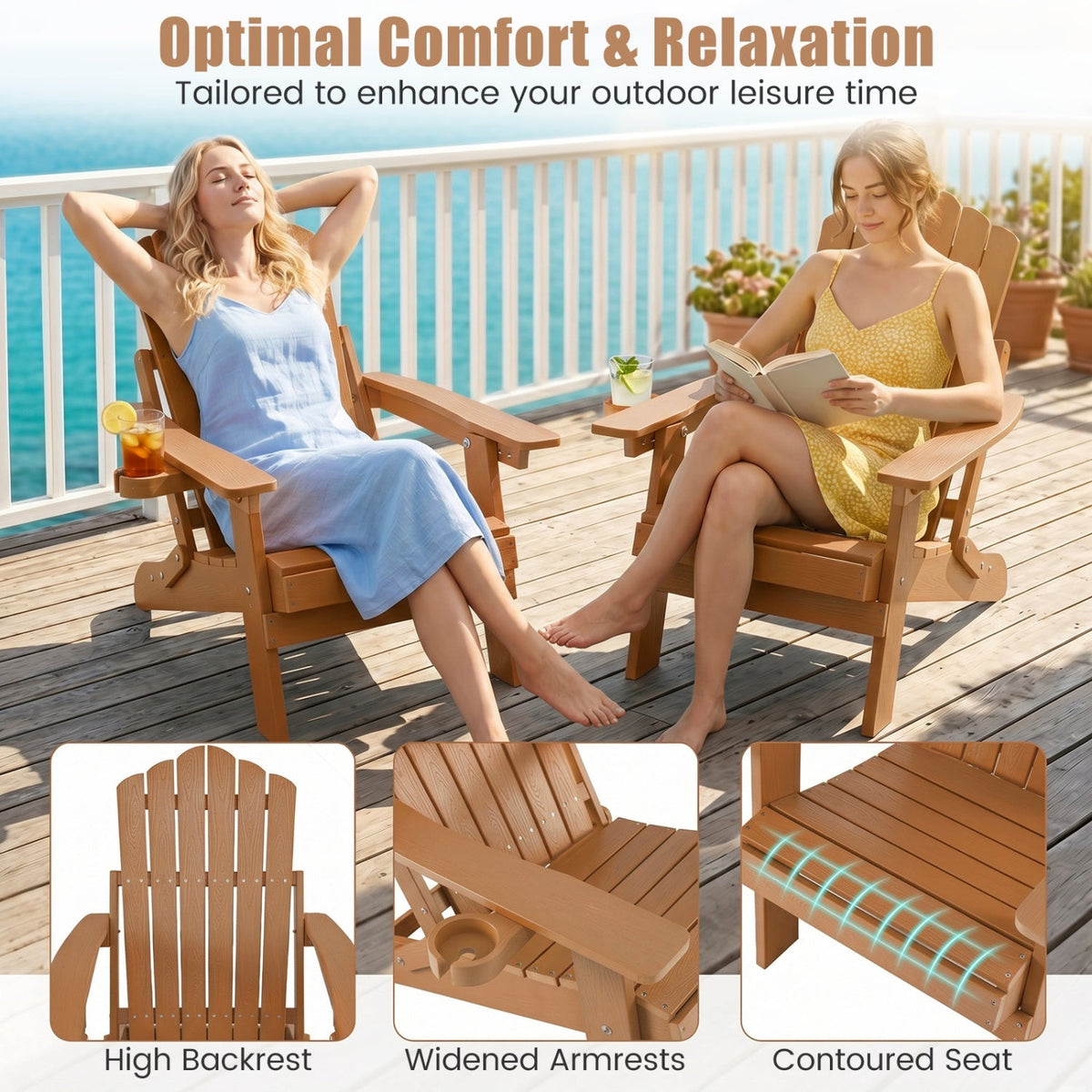 Set of 2 Folding Adirondack Chairs with Adjustable Backrests