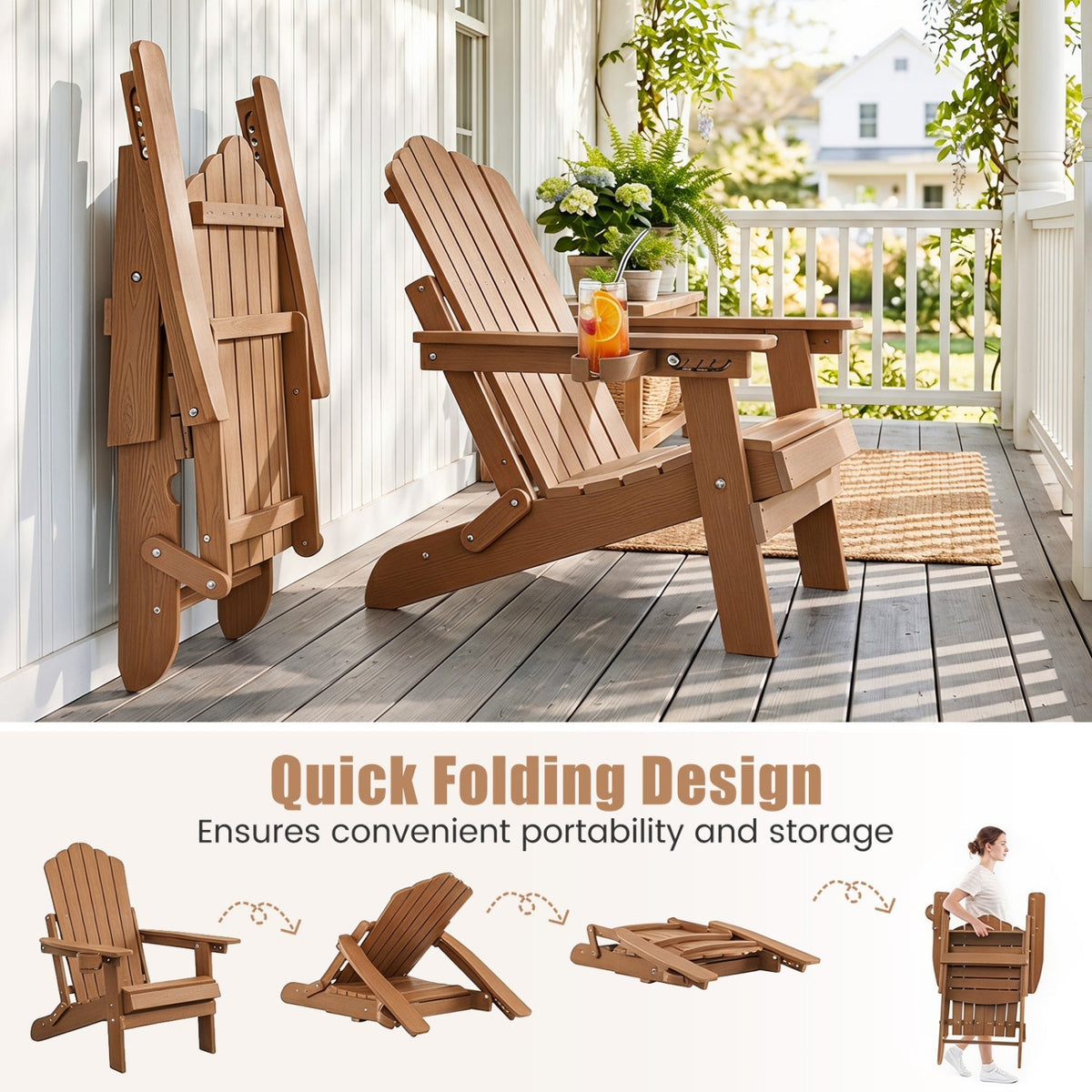 Set of 2 Folding Adirondack Chairs with Adjustable Backrests