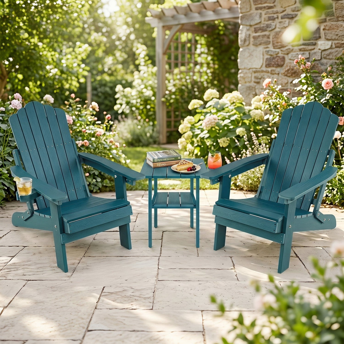 Set of 2 Folding Adirondack Chairs with Adjustable Backrests