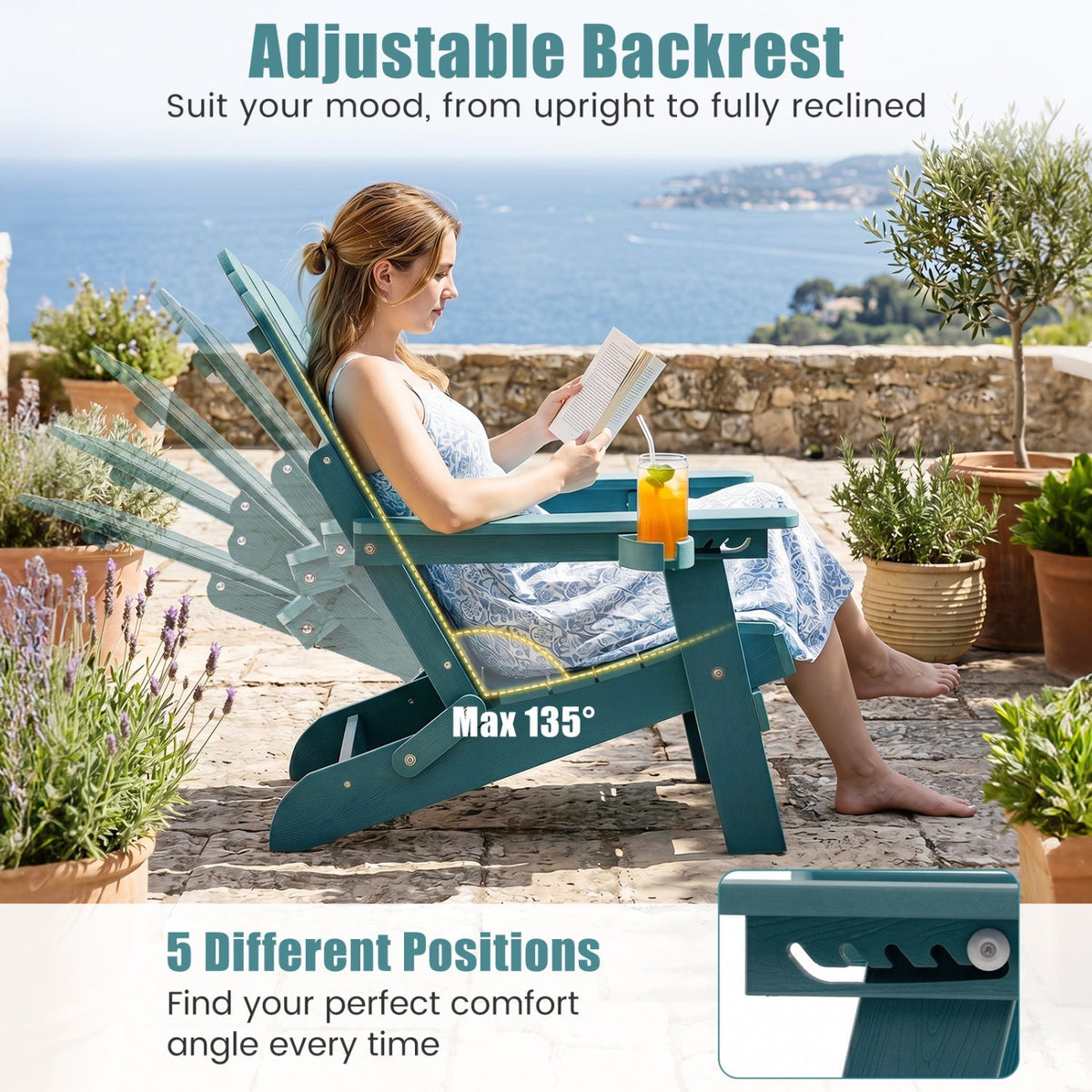 Set of 2 Folding Adirondack Chairs with Adjustable Backrests