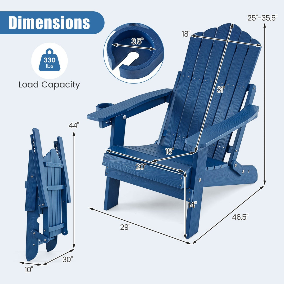 Set of 2 Folding Adirondack Chairs with Adjustable Backrests