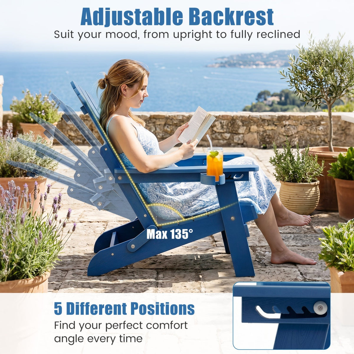 Set of 2 Folding Adirondack Chairs with Adjustable Backrests