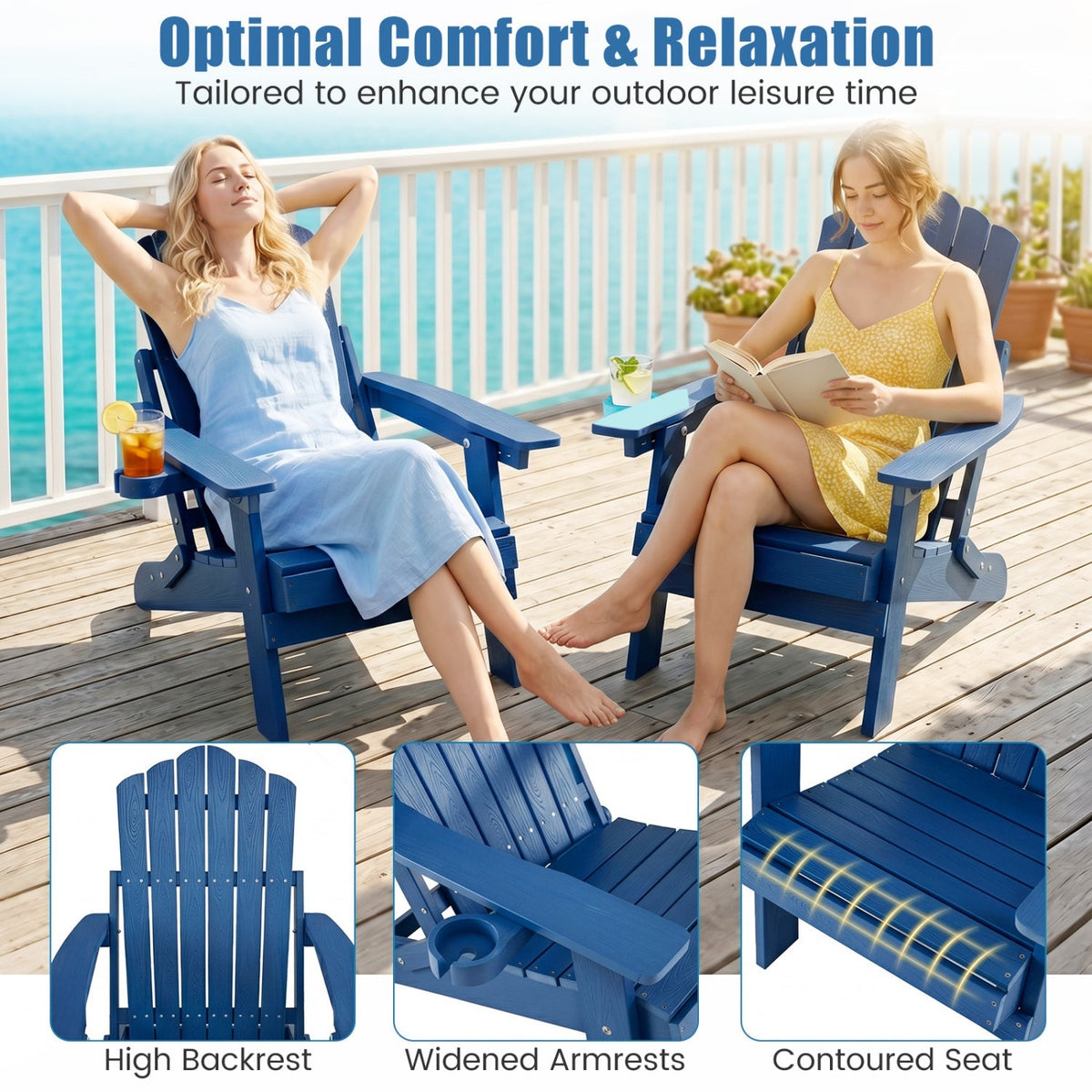 Set of 2 Folding Adirondack Chairs with Adjustable Backrests