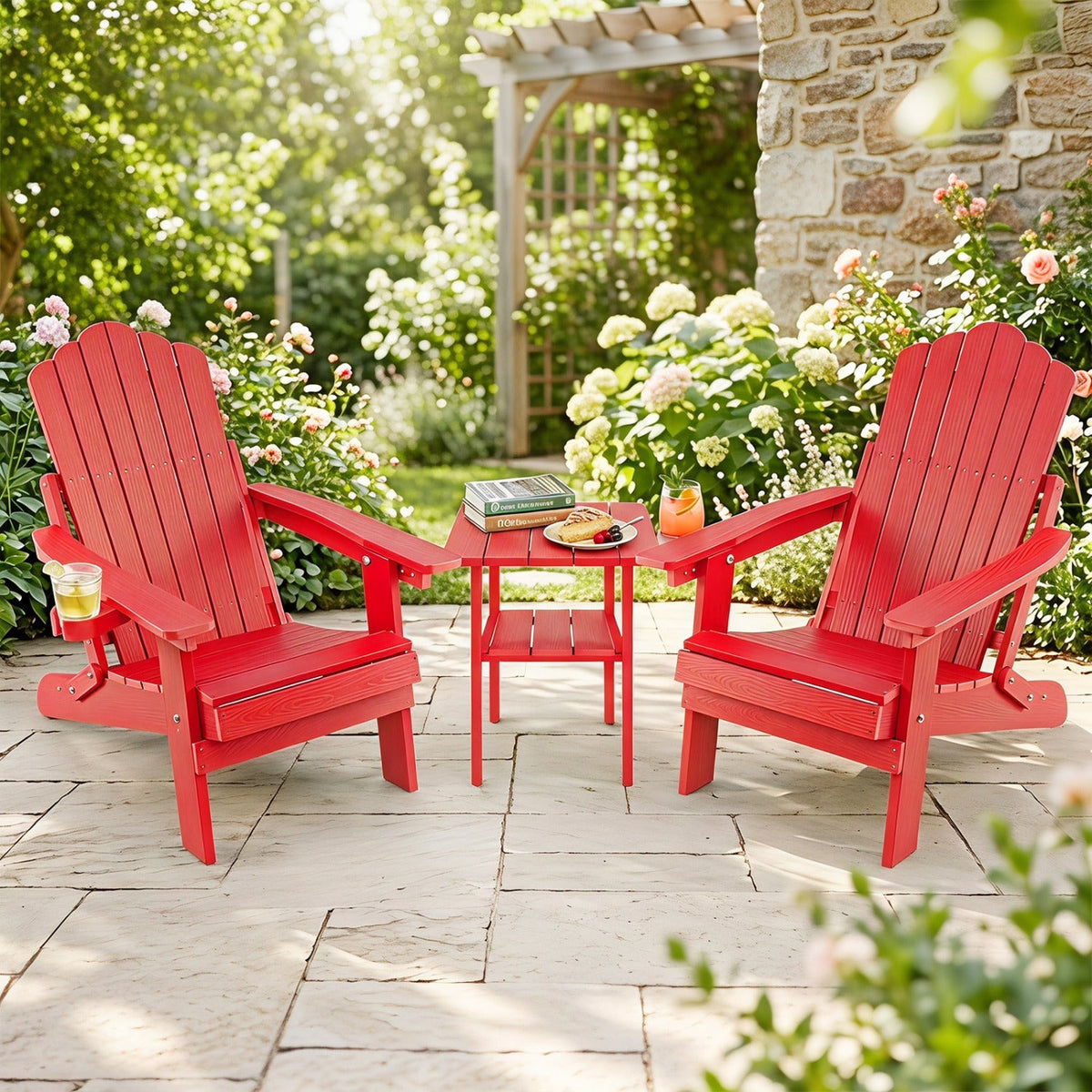Set of 2 Folding Adirondack Chairs with Adjustable Backrests