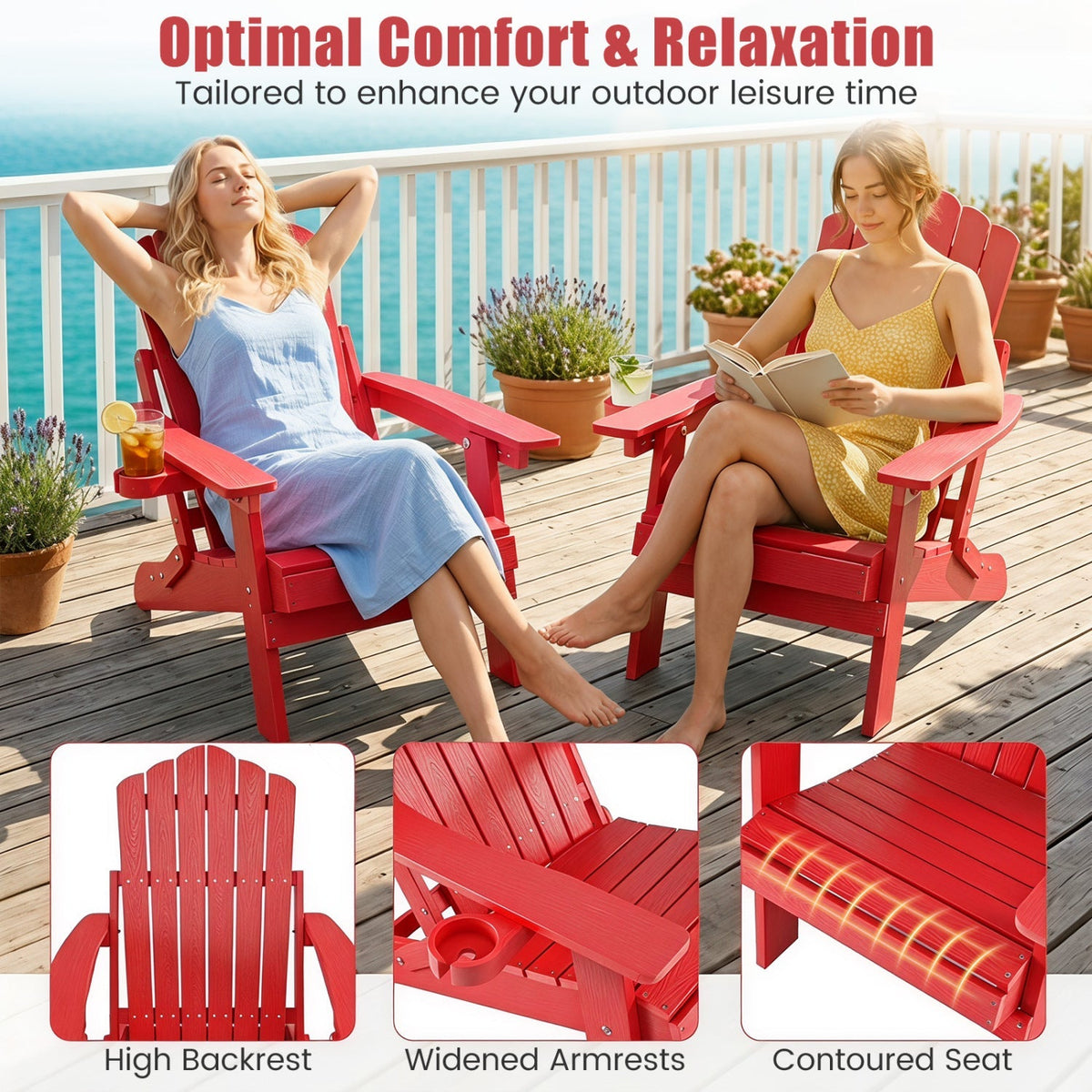 Set of 2 Folding Adirondack Chairs with Adjustable Backrests