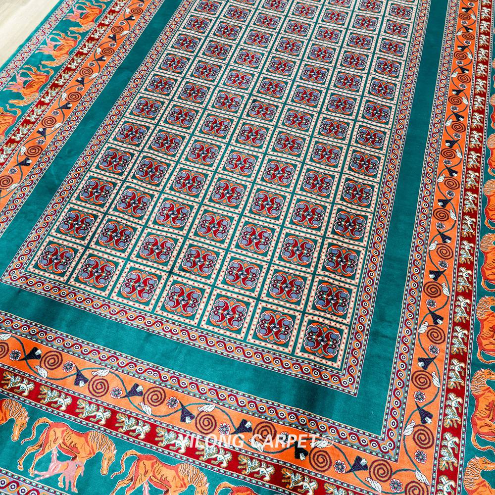 Teal and Orange Geometric Panel Hand Knotted Silk Area Rug 6x9ft