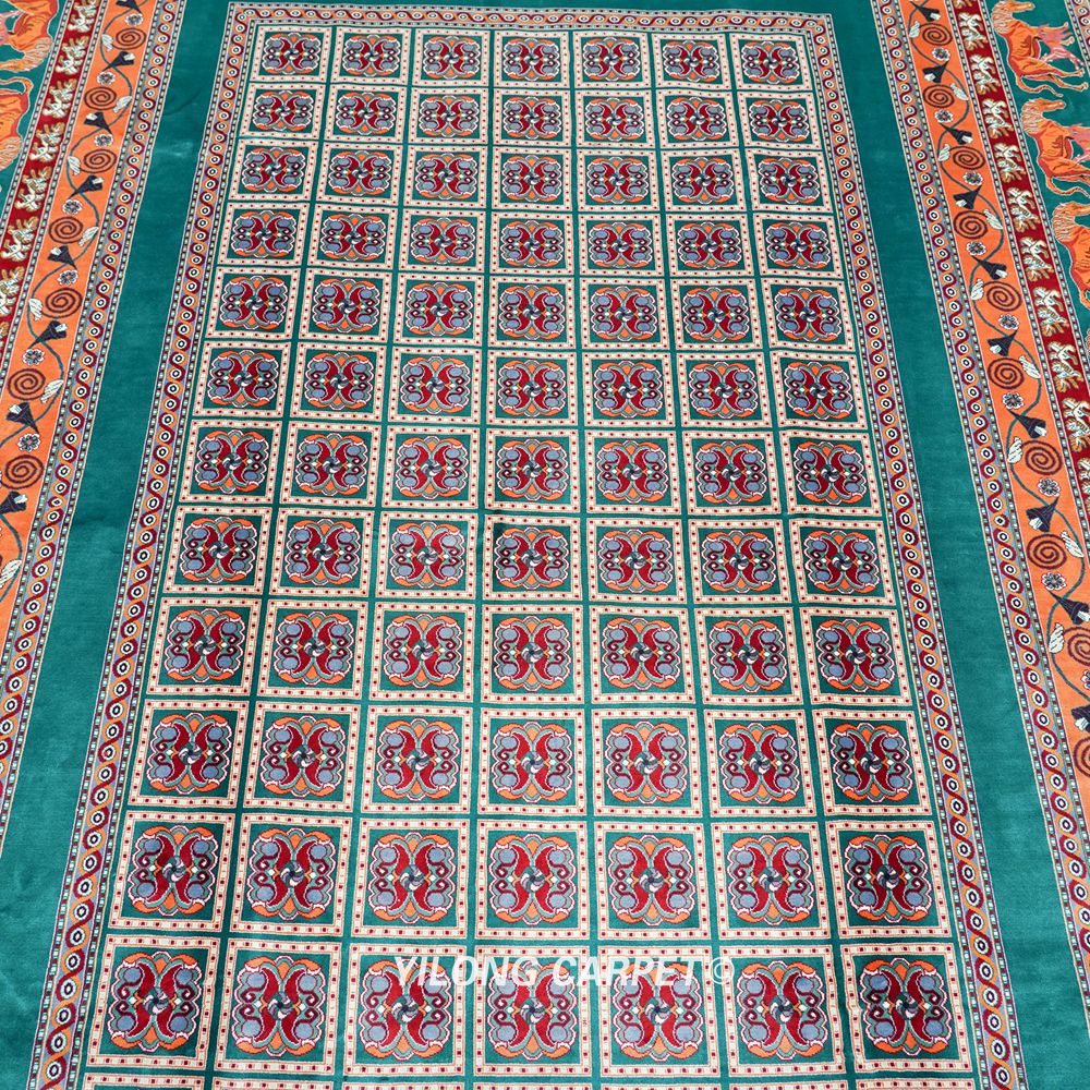 Teal and Orange Geometric Panel Hand Knotted Silk Area Rug 6x9ft