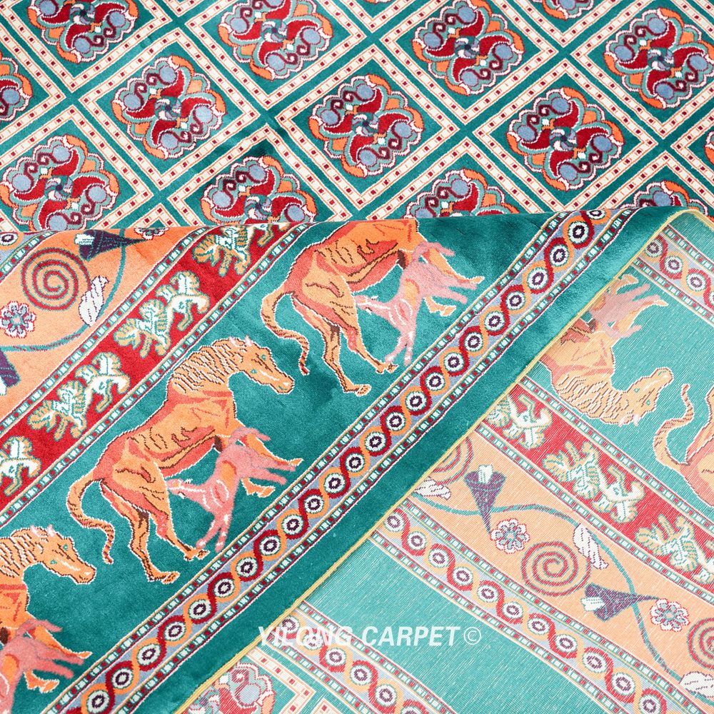 Teal and Orange Geometric Panel Hand Knotted Silk Area Rug 6x9ft