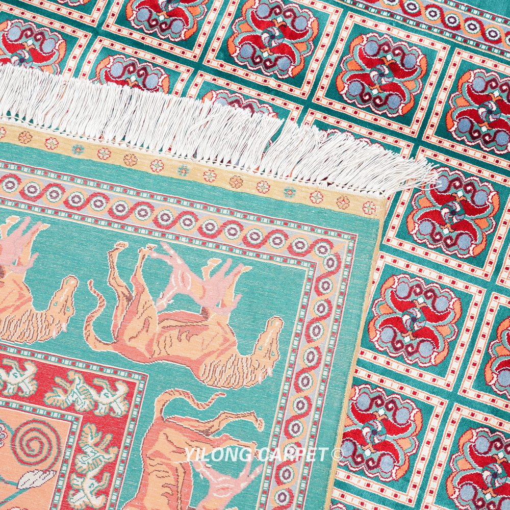 Teal and Orange Geometric Panel Hand Knotted Silk Area Rug 6x9ft