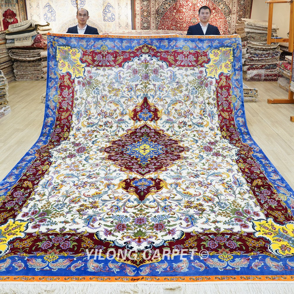 Luxury Hand Knotted Silk Rug Floral Pure Silk Carpet for Living Room 9x12ft