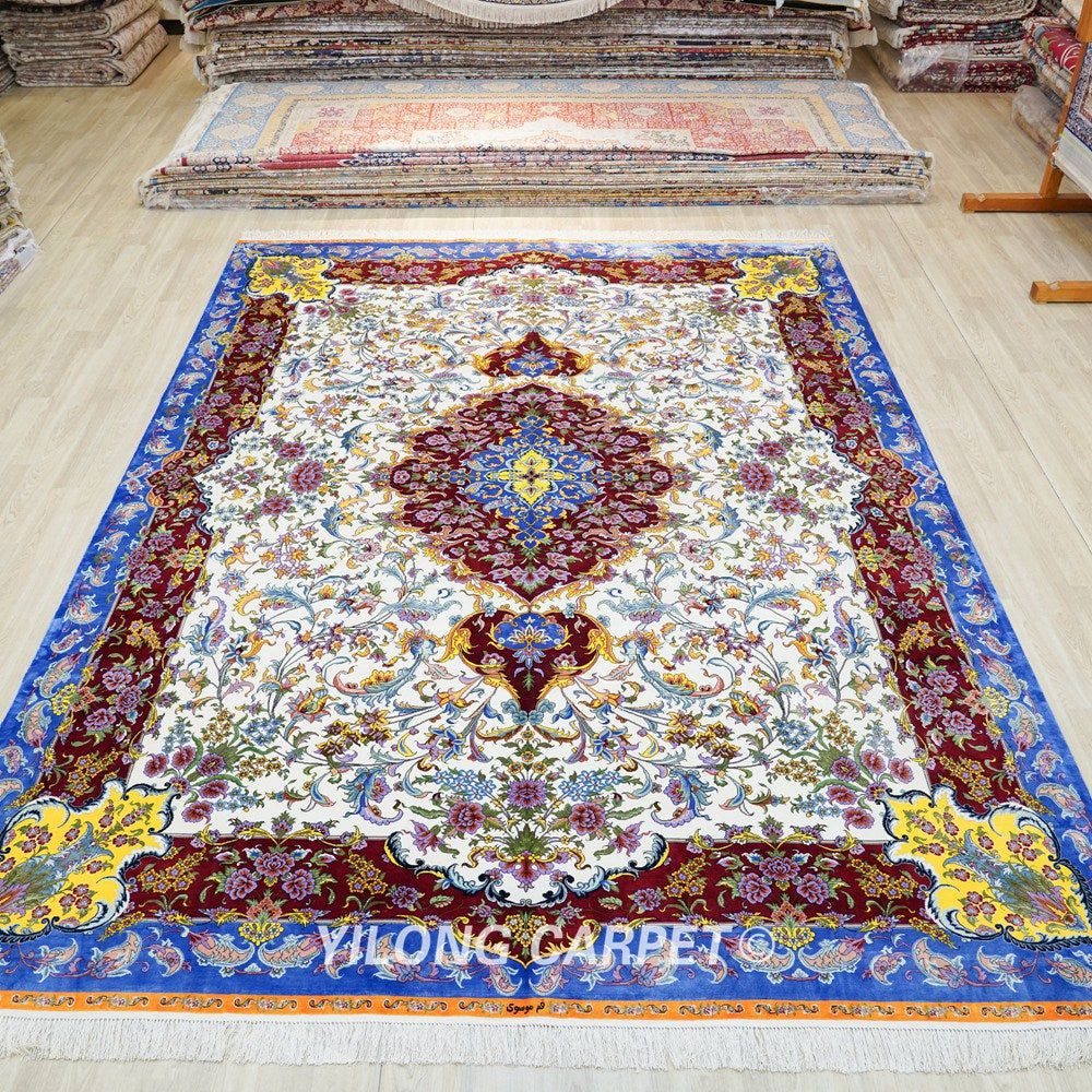 Luxury Hand Knotted Silk Rug Floral Pure Silk Carpet for Living Room 9x12ft