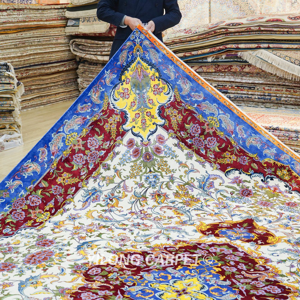 Luxury Hand Knotted Silk Rug Floral Pure Silk Carpet for Living Room 9x12ft