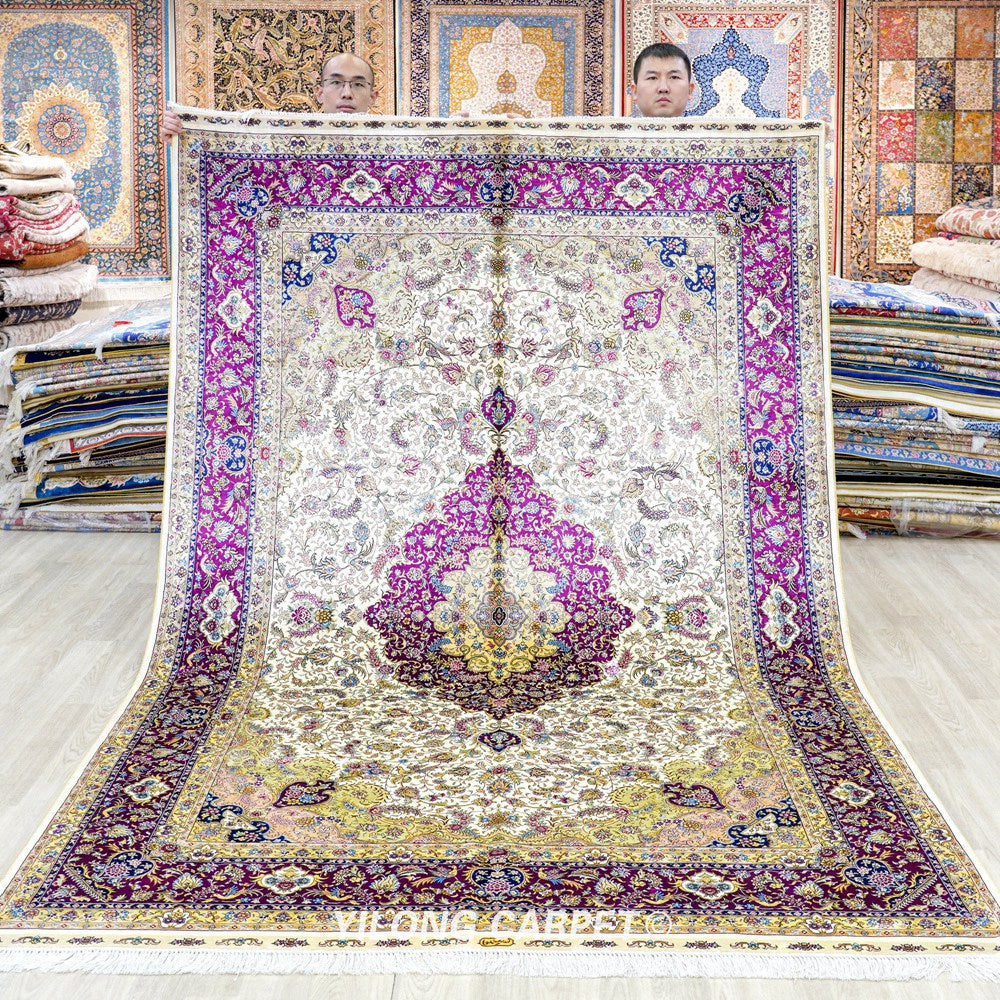 Persian Handmade Rug Silk Oriental Beige Carpet 6x9ft