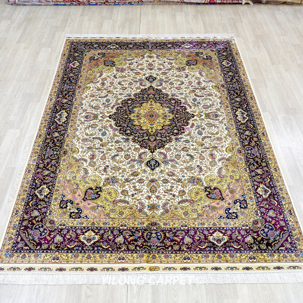 Persian Handmade Rug Silk Oriental Beige Carpet 6x9ft