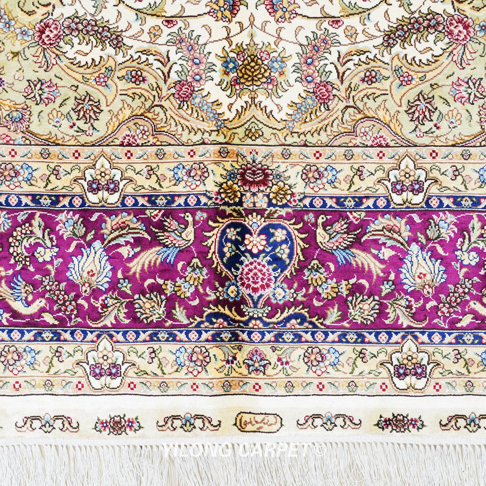 Persian Handmade Rug Silk Oriental Beige Carpet 6x9ft