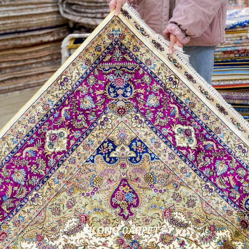 Persian Handmade Rug Silk Oriental Beige Carpet 6x9ft