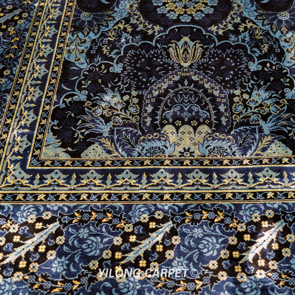 Turkish Silk Rug Blue Handmade Carpet Silk Oriental Rug 6x9ft