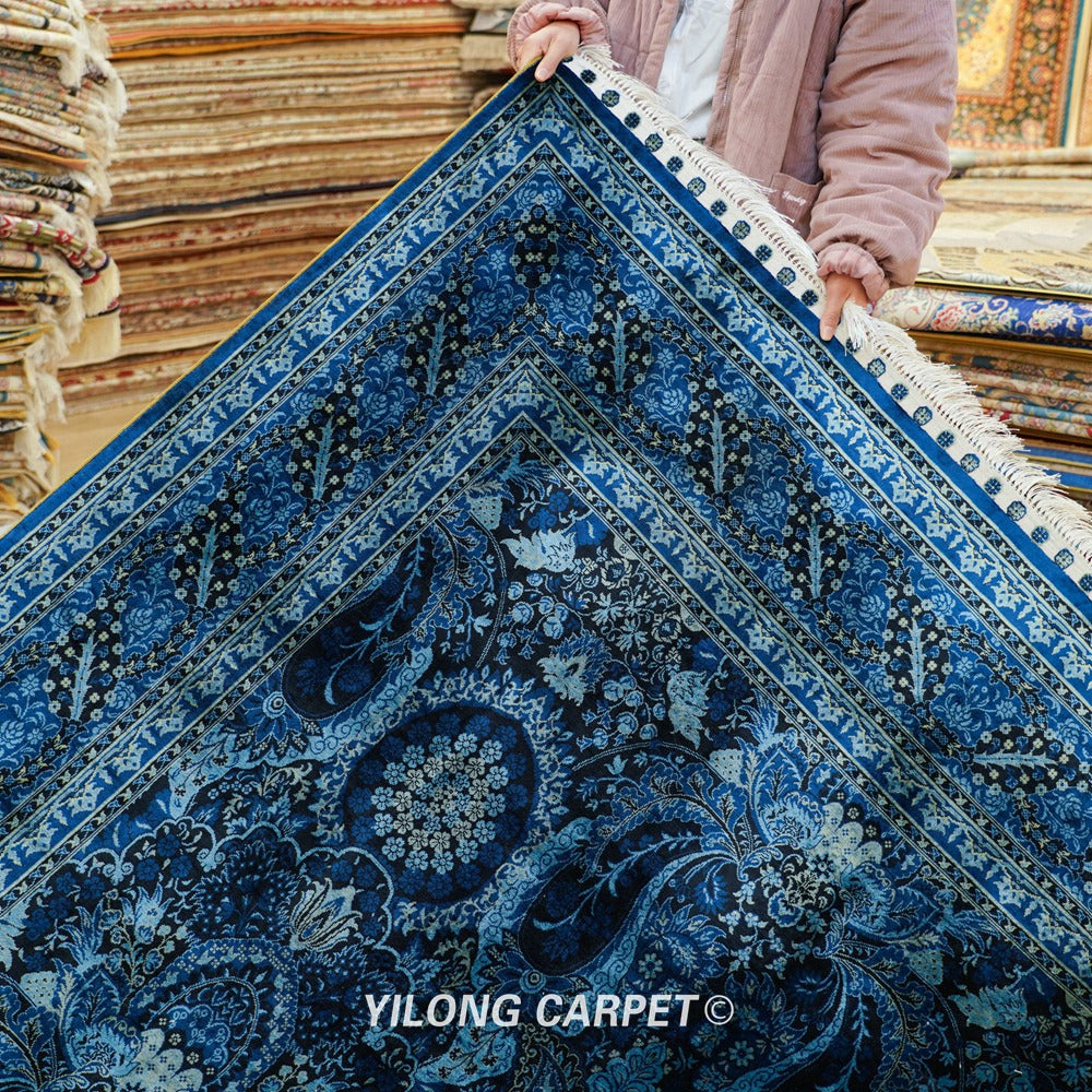 Turkish Silk Rug Blue Handmade Carpet Silk Oriental Rug 6x9ft
