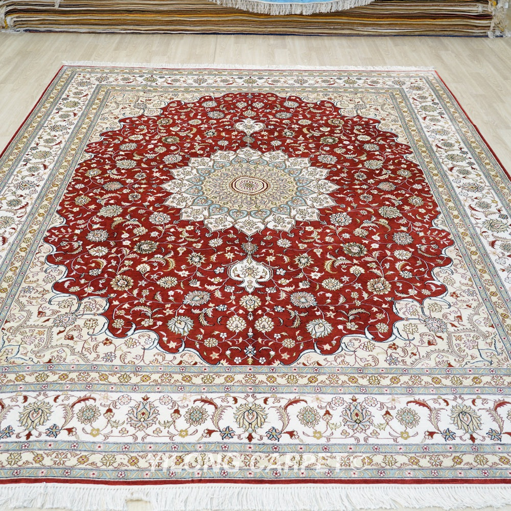 Persian Carpet Red Hand Knotted Oriental Traditional Qum Rug 8x10ft