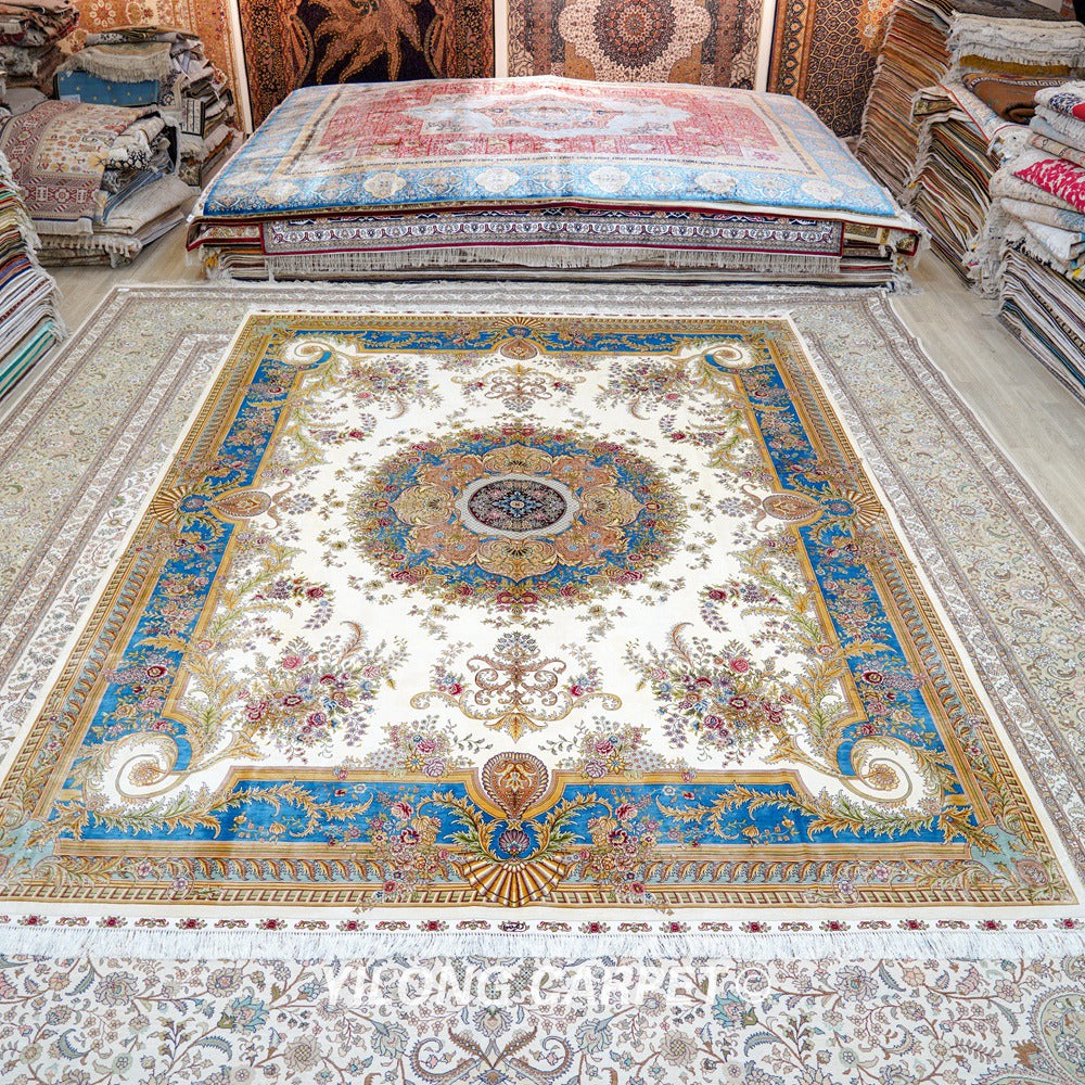 Oriental Persian Carpet Beige Handmade Silk Villa Carpet 9x12ft