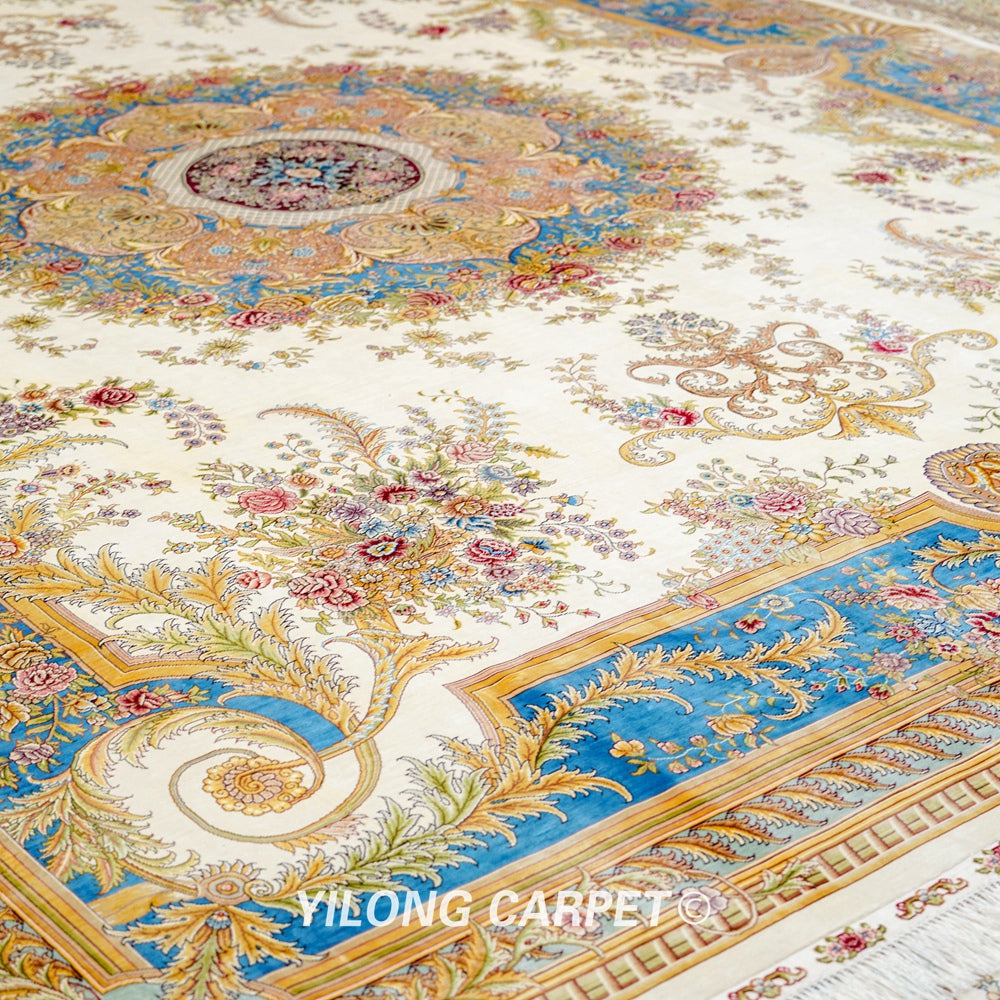 Oriental Persian Carpet Beige Handmade Silk Villa Carpet 9x12ft