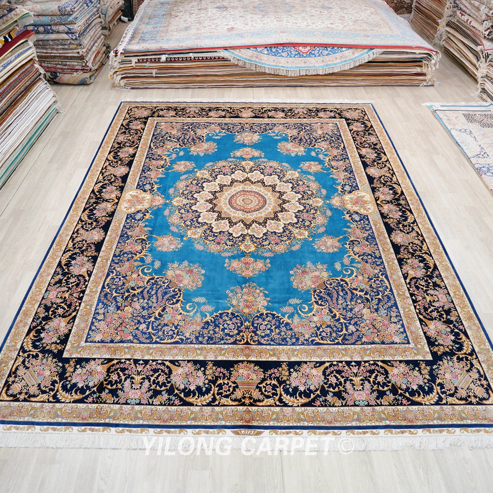 Persian Oriental Carpet Blue Handmade Villa Silk Carpet 9x12ft