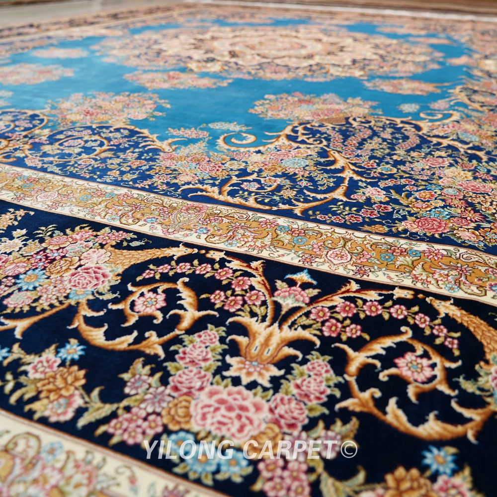 Persian Oriental Carpet Blue Handmade Villa Silk Carpet 9x12ft