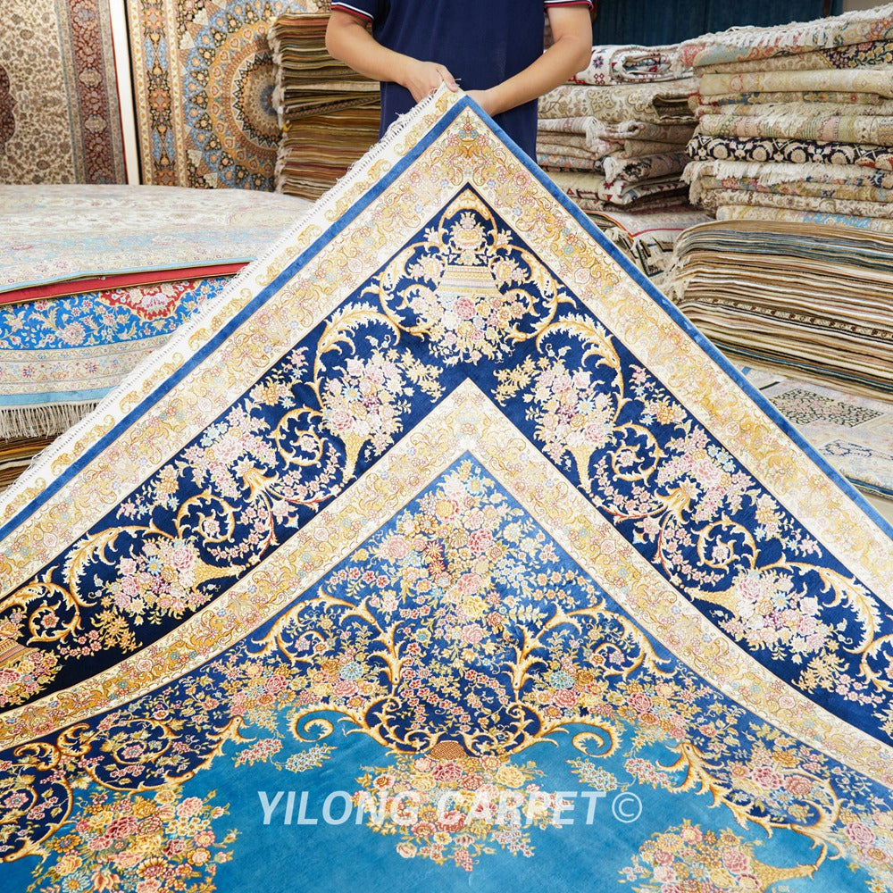 Persian Oriental Carpet Blue Handmade Villa Silk Carpet 9x12ft