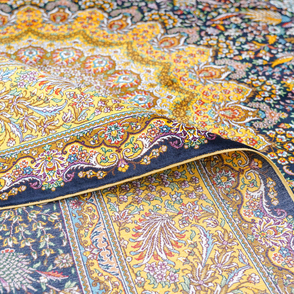 Navy and Gold Ornate Medallion Hand Knotted Silk Rug 6x9ft
