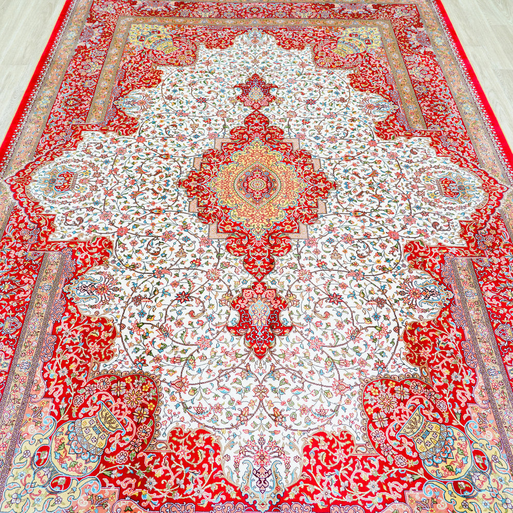 Red and Ivory Geometric Medallion Hand Knotted Silk Rug 6x9ft