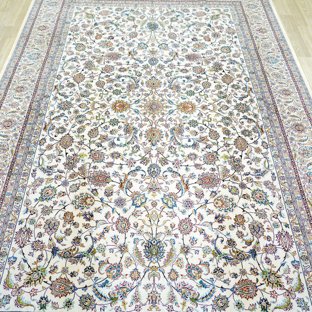 Ivory and Pastel Floral Medallion Hand Knotted Silk Rug 6x9ft