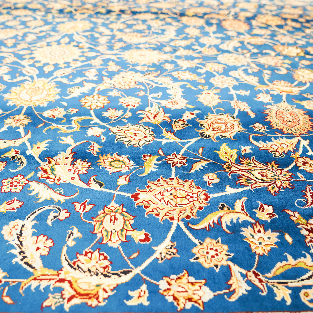Royal Blue and Gold Floral Medallion Hand Knotted Silk Rug 6x9ft
