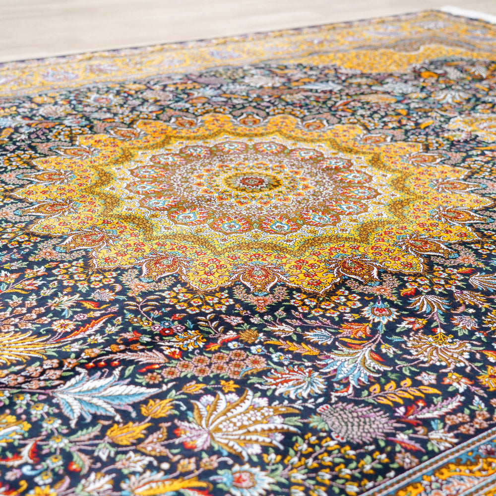 Navy and Gold Ornate Medallion Hand Knotted Silk Rug 6x9ft