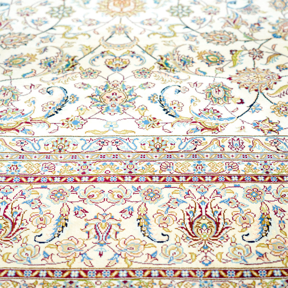 Ivory and Pastel Floral Medallion Hand Knotted Silk Rug 6x9ft