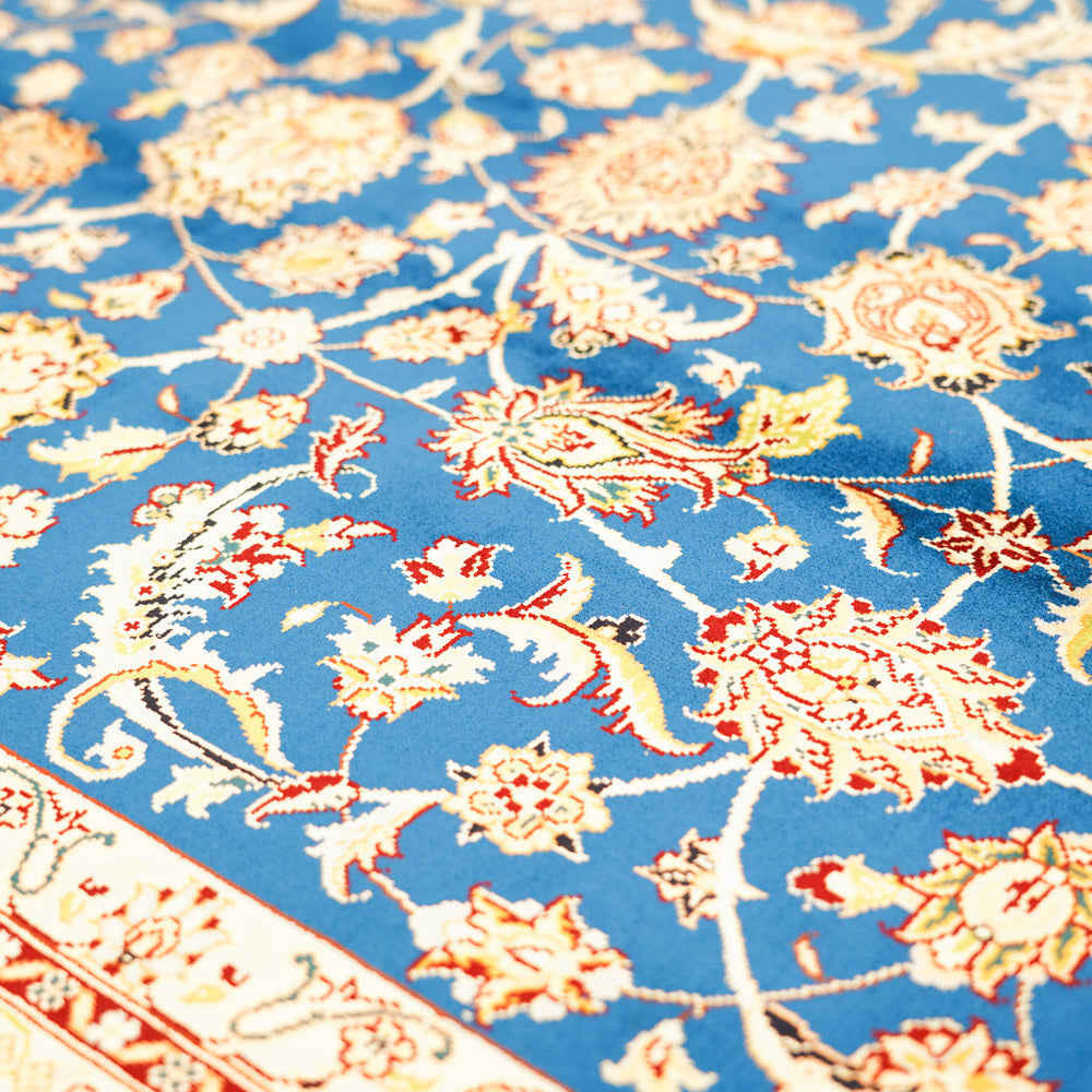 Royal Blue and Gold Floral Medallion Hand Knotted Silk Rug 6x9ft