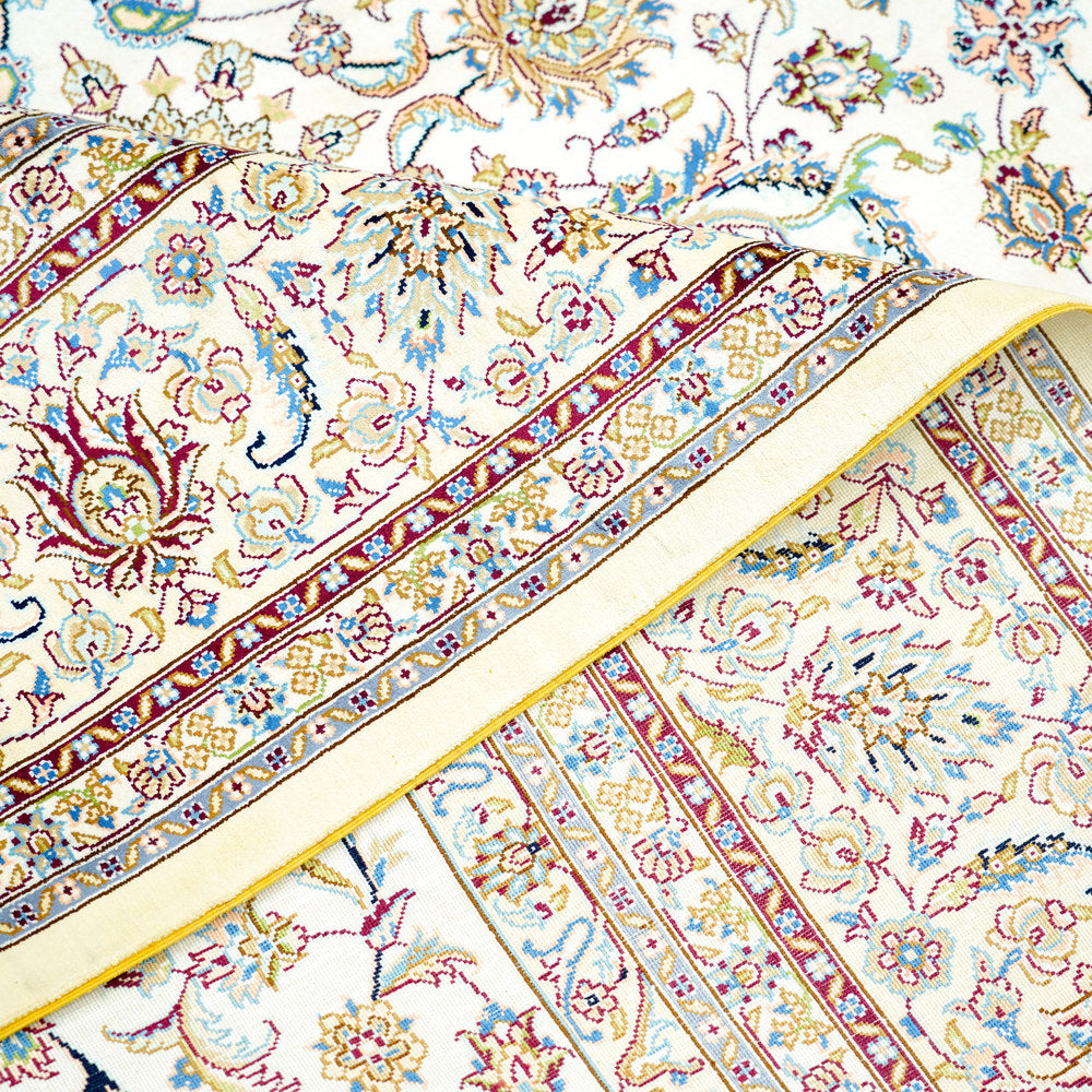 Ivory and Pastel Floral Medallion Hand Knotted Silk Rug 6x9ft