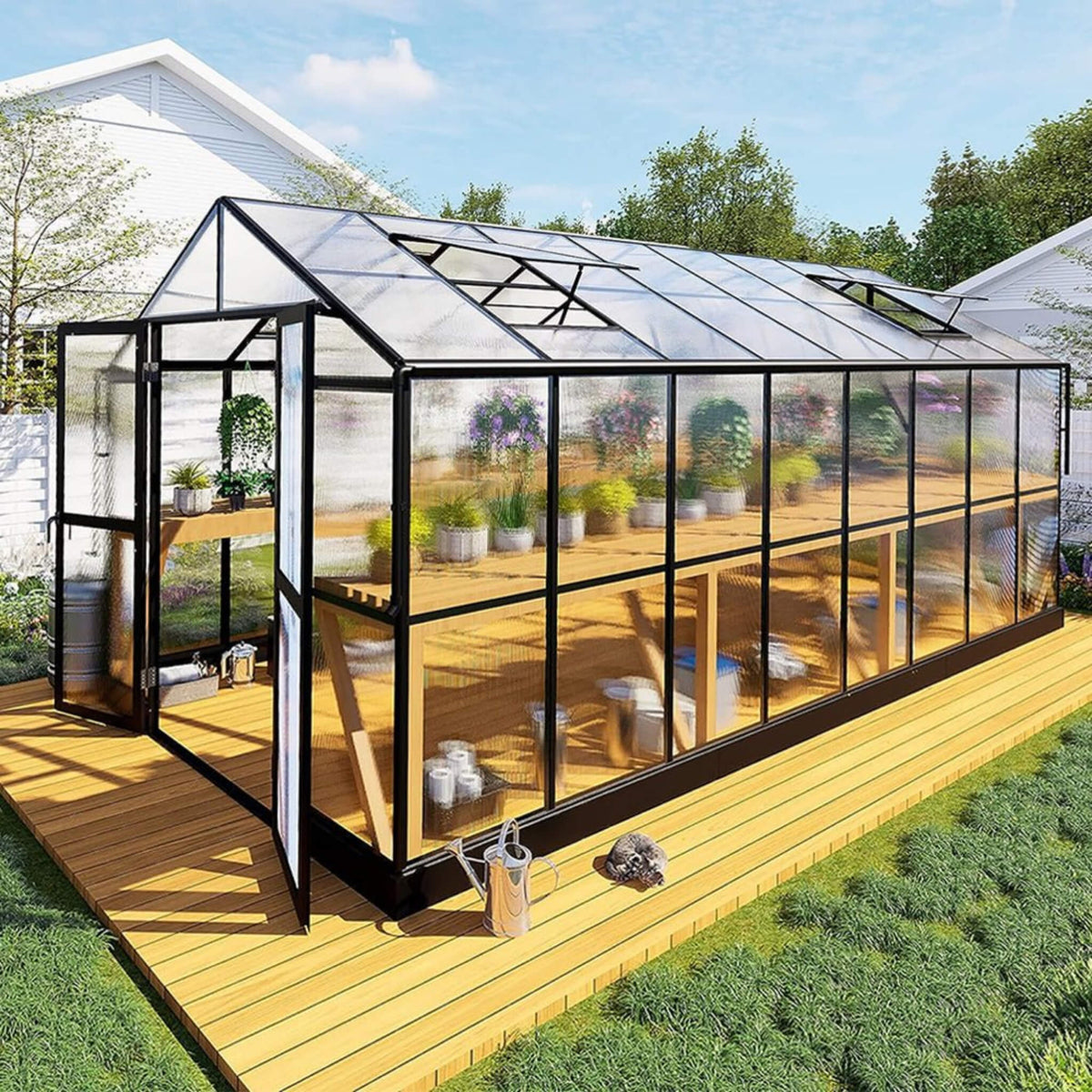 8x16FT Heavy-Duty Polycarbonate Walk-In Greenhouse with Double Swing Doors