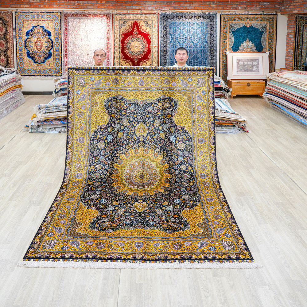 Navy and Gold Ornate Medallion Hand Knotted Silk Rug 6x9ft