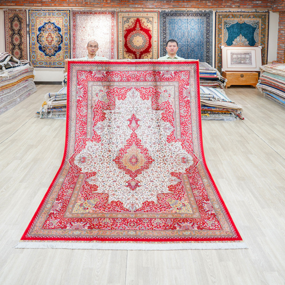 Red and Ivory Geometric Medallion Hand Knotted Silk Rug 6x9ft